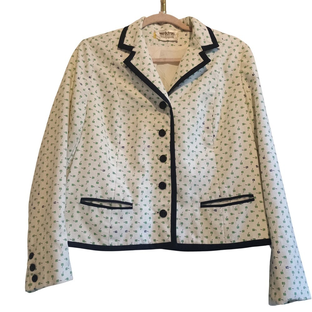 Vintage Nordstrom Clover Print‎ Blazer Jacket Trim Preppy Academia Cottagecore M